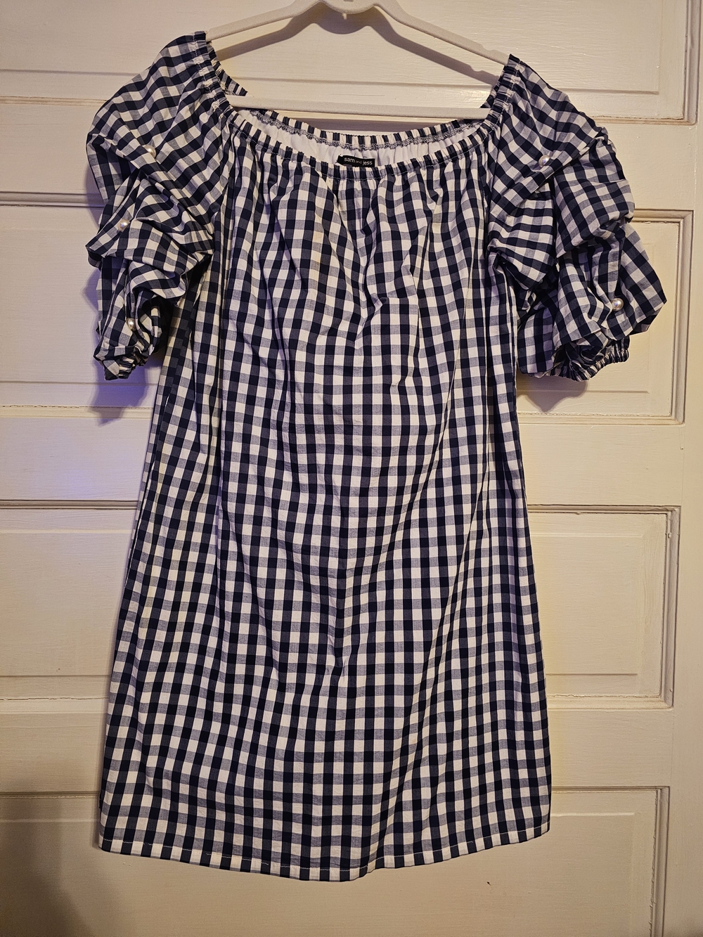 Sam & Jess Gingham Pearl Sleeve Off-The-Shoulder Mini Dress - Large